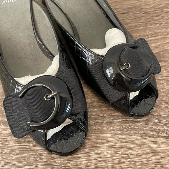 Stuart Weitzman Black Patent Snakeskin Peep Toe Buckle Wedge Slides, Size 6.5N - Picture 3 of 7